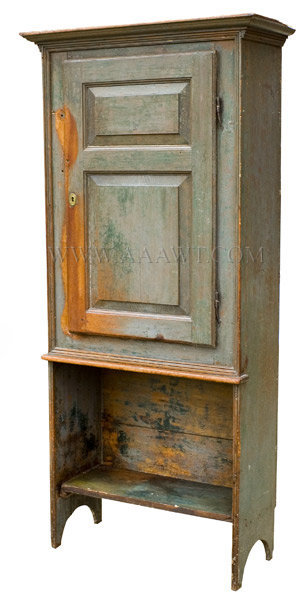 Cupboard, Wall, Blue Paint, Fielded Paneled Door, Molded Cornice
Anonymous
Circa 1800, angle view